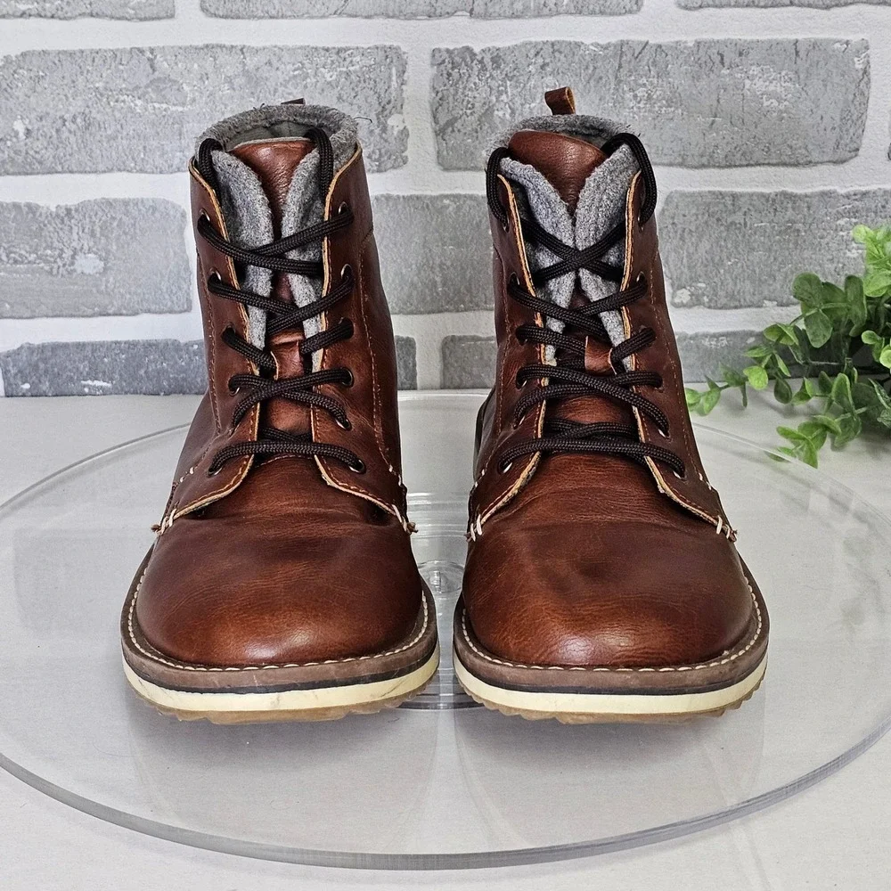 Old Navy Faux‎ Leather Ankle Boots Men's 6 Brown Lace Up Fleece Lined Winter